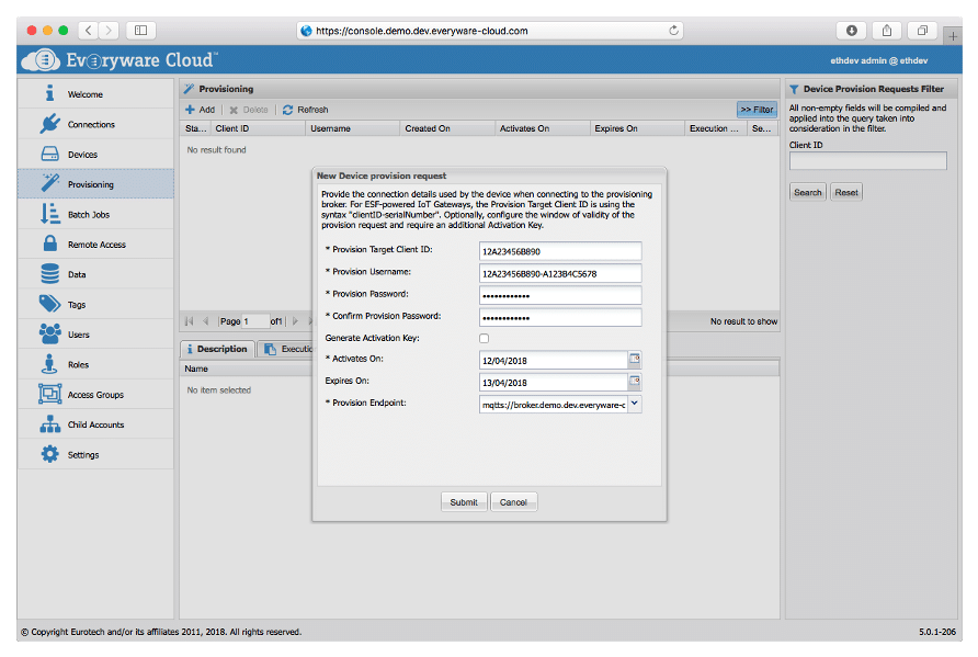 EC New Device Provisioning Request Page